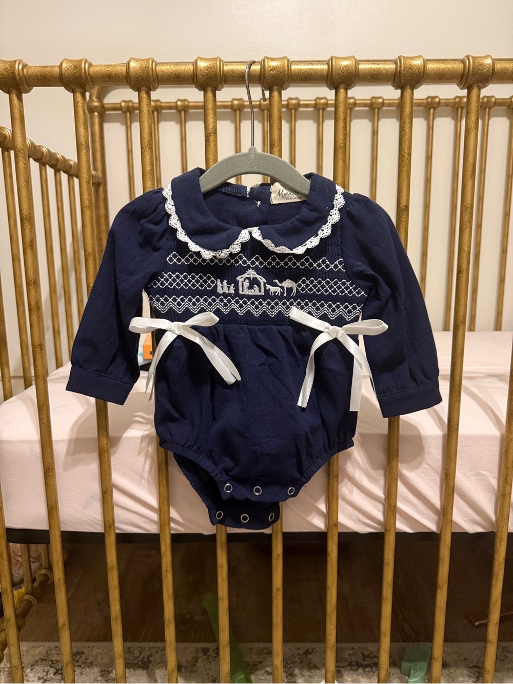 Navy Smocked Long-Sleeve Baby One-Piece with White Trim